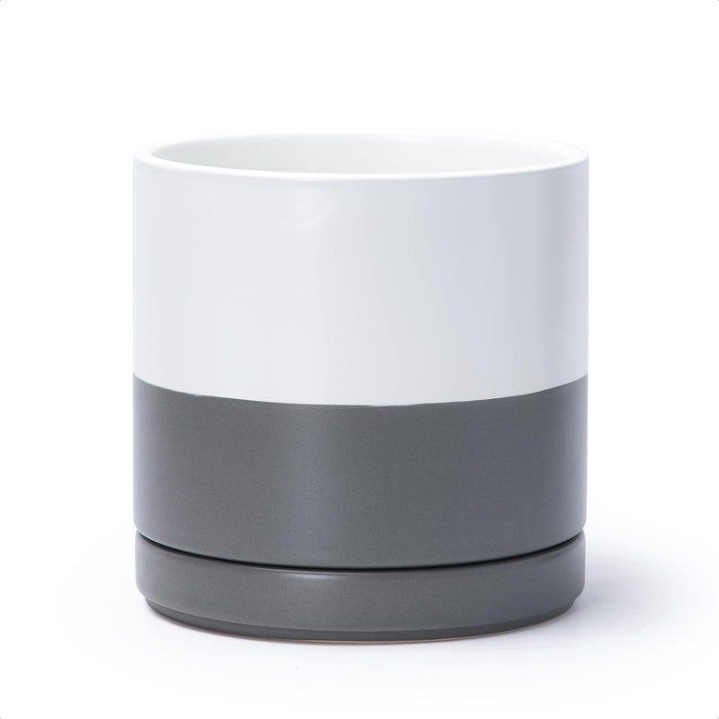 D'vine Dev 8.2 Inch Ceramic Planter Pot with Drainage Hole and Saucer, Indoor Cylinder Round Planter Pot, White/Speckled Grey, 94-O-D-6 - Image 1